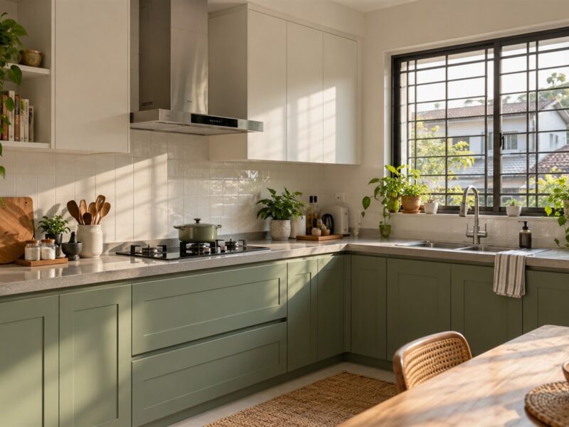 Finished kitchen renovation in a Malaysian terrace house with new cabinets and hood