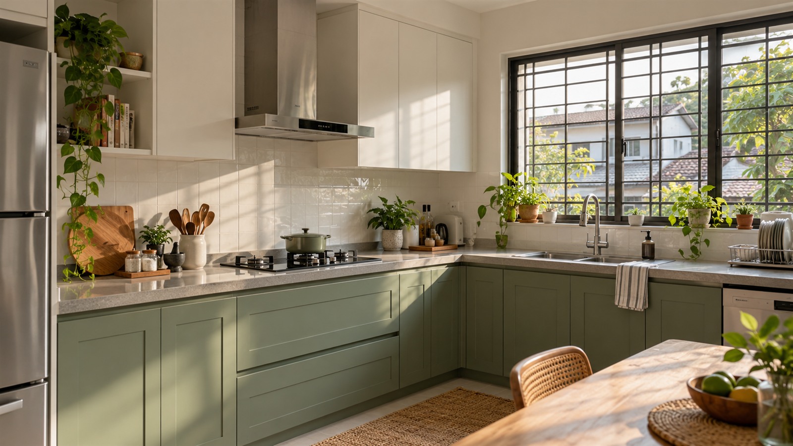 Finished kitchen renovation in a Malaysian terrace house with new cabinets and hood