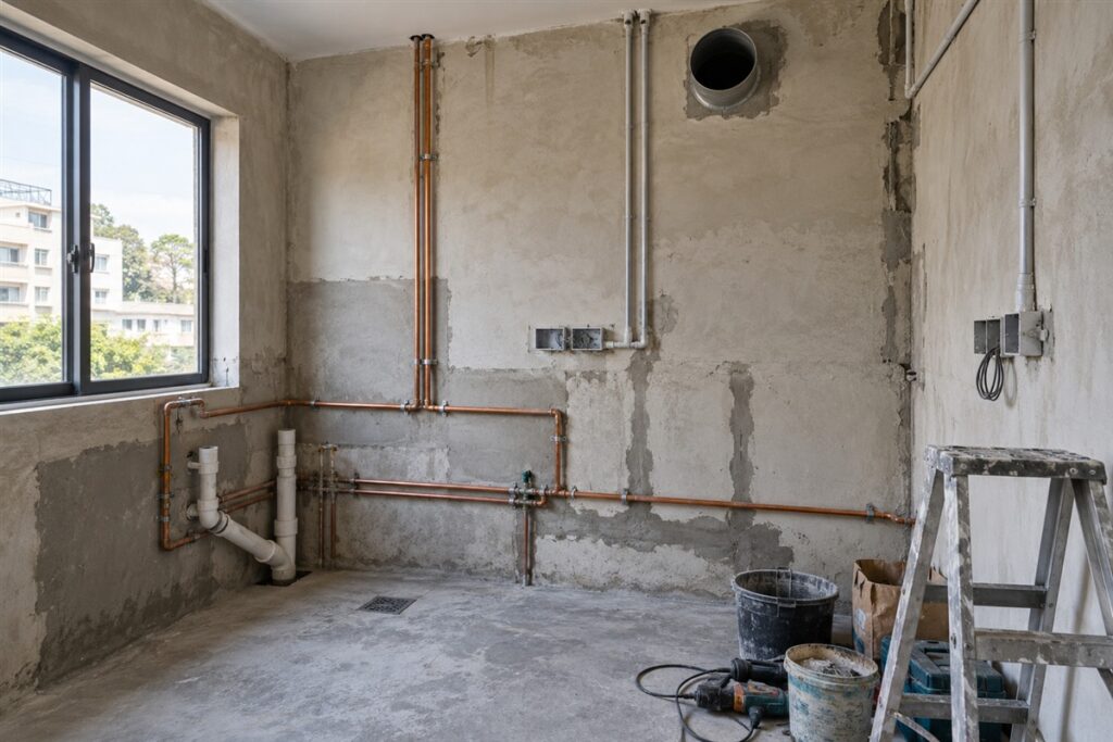 Kitchen renovation in progress showing new pipes, wiring and the hood duct opening