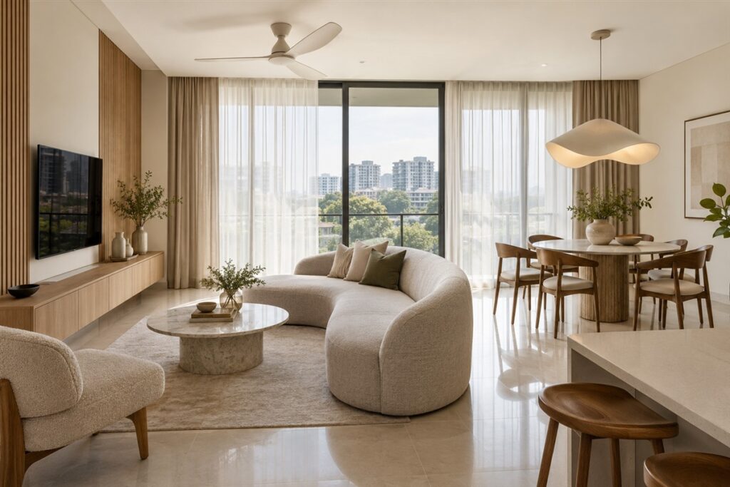Condo with modern interior design, curved sofa and statement pendant light