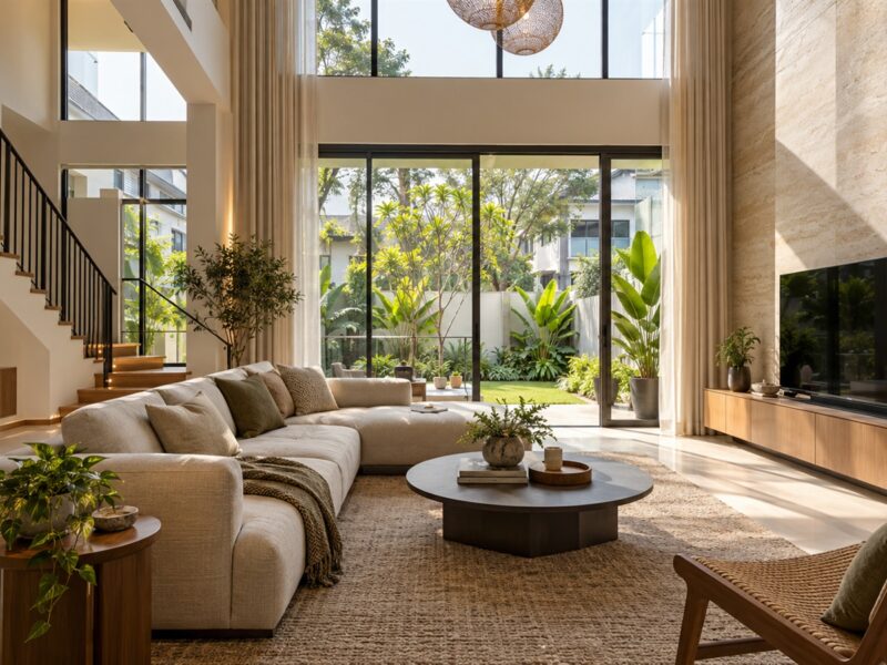 Modern contemporary interior design in a semi-D living room with garden view