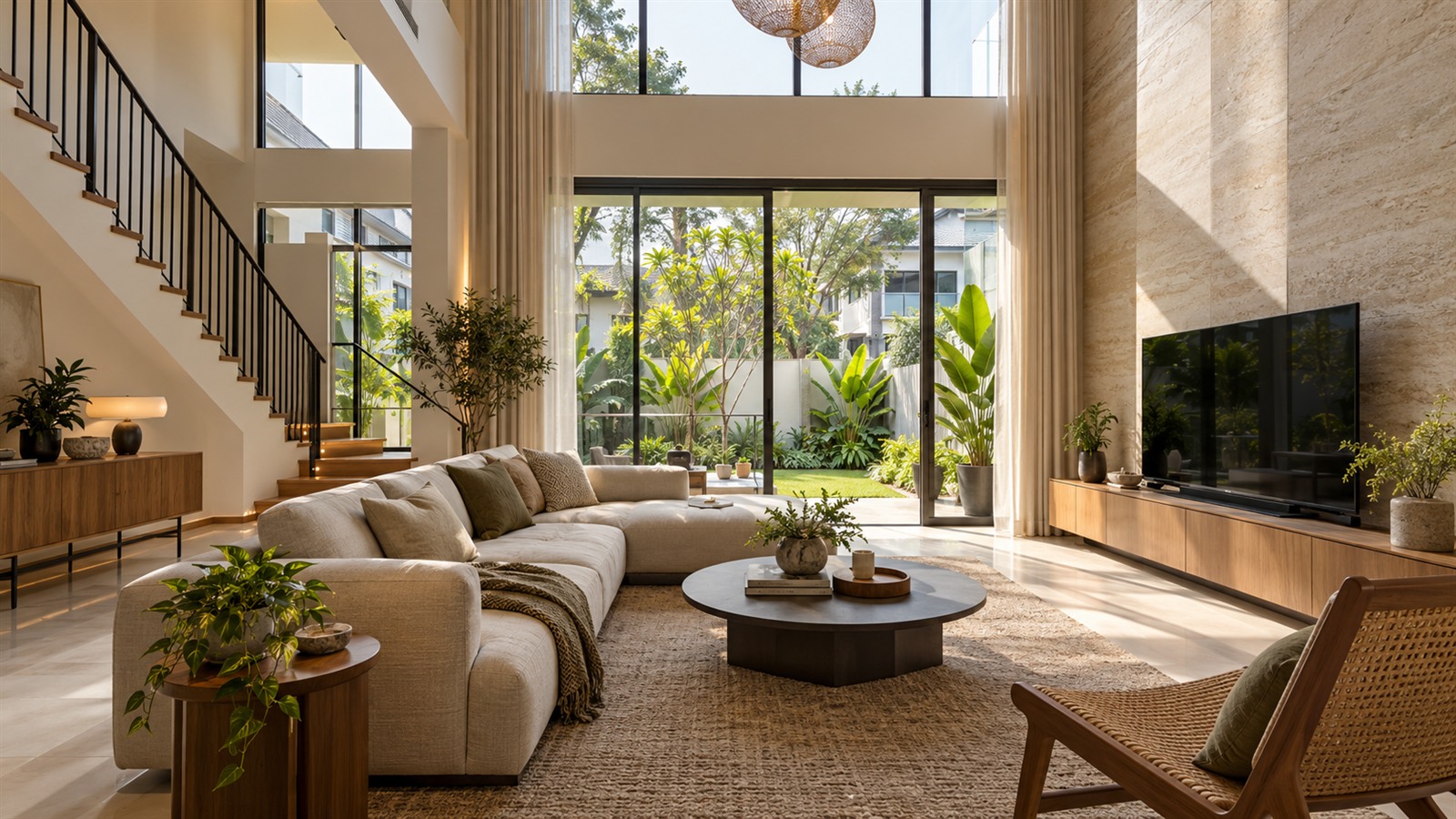 Modern contemporary interior design in a semi-D living room with garden view