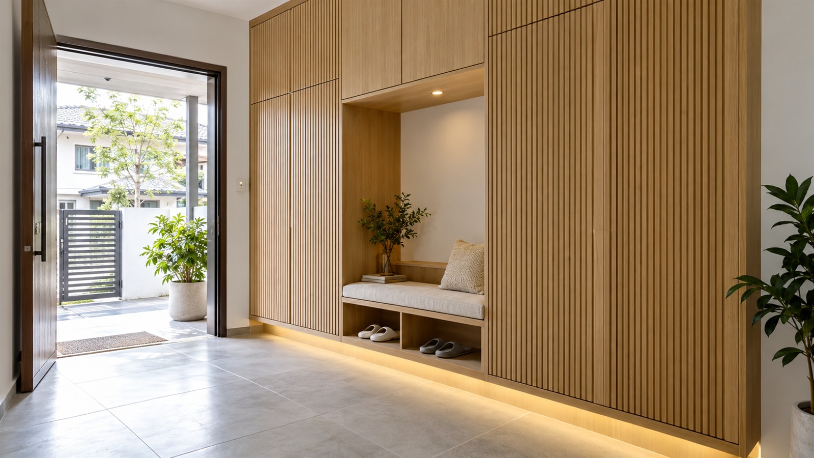 Built-in shoe cabinet design with slatted doors and a bench seat at a home entrance