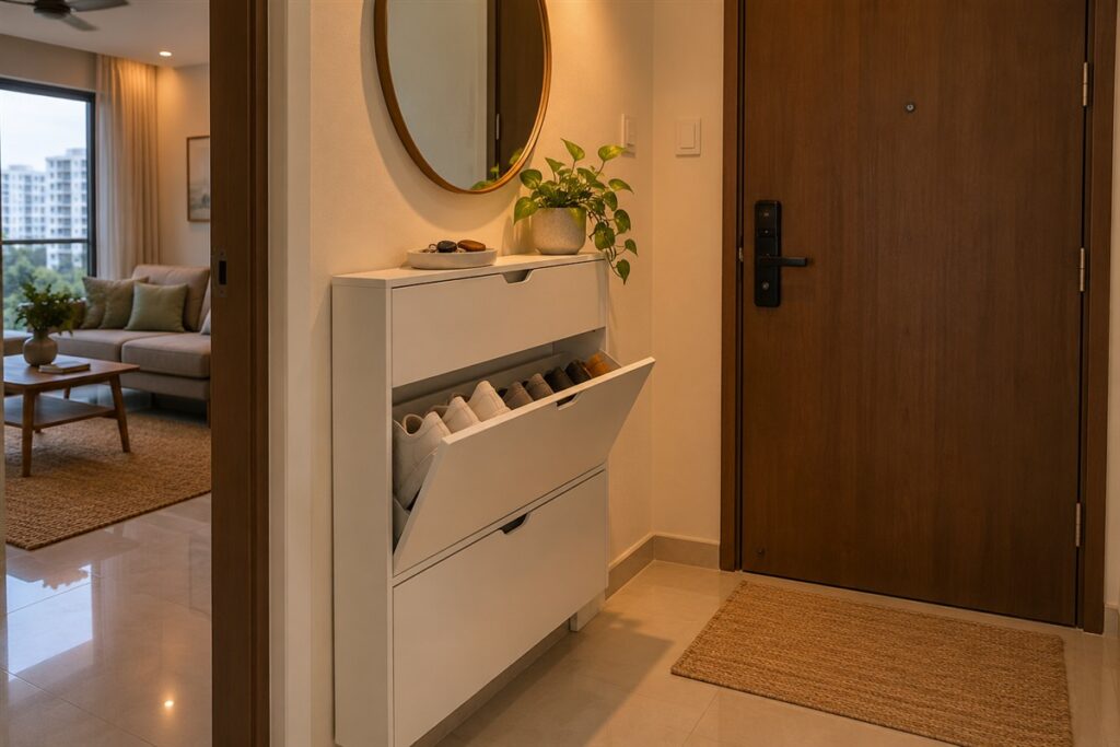Slim shoe cabinet with tilt out drawers in a small condo entrance