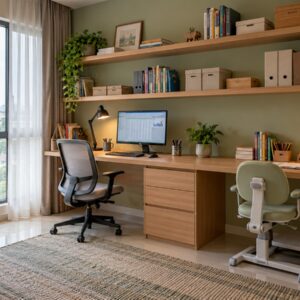 Study room design with a shared desk for a parent and child