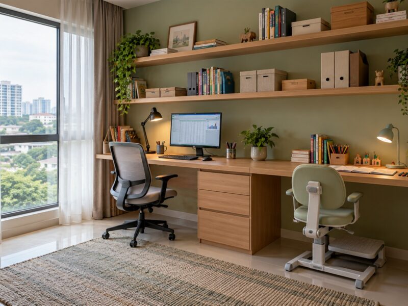 Study room design with a shared desk for a parent and child