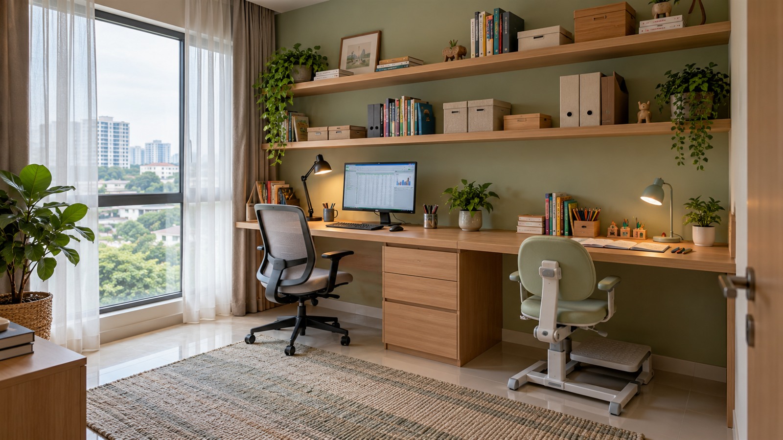 Study room design with a shared desk for a parent and child