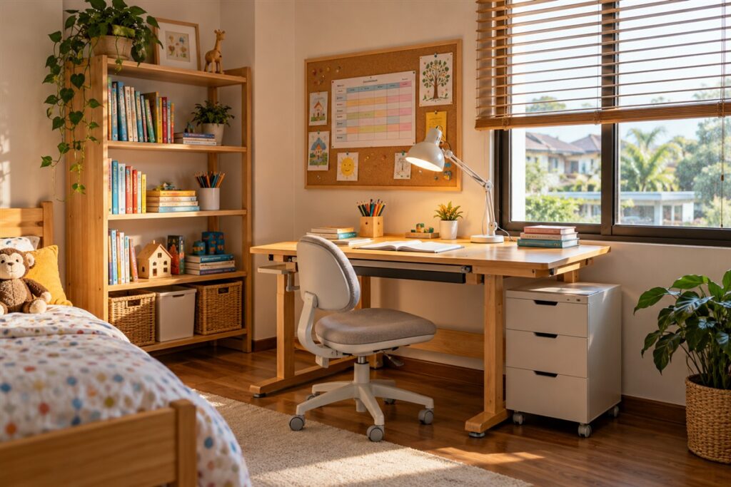 Kids study area with a wooden study table beside a window